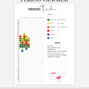 May include: A printable period tracker titled "Period Tracker". It features a calendar grid, a key for symptoms, and space for notes. The text "Instant Download Printable PDF Planner" is at the bottom of the page. The size is A4, A5, Letter & Half Size.