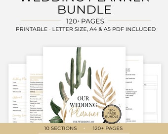 May include: A wedding planner bundle featuring 120+ pages in a printable PDF format. The cover displays a cactus and leaf illustration with the text "OUR WEDDING Planner". The bundle includes letter size, A4, and A5 options with 10 sections.