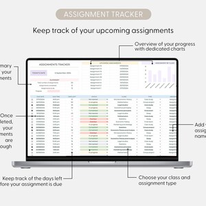 May include: A digital assignment tracker displayed on a laptop screen, featuring columns for due dates, status, class, and assignment type. The interface includes a summary section, progress charts, and rows with strikethrough text for completed tasks.