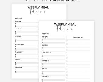 Meal Planner Printable, Weekly Food Diary, Meal Tracker, Food Journal, Menu Plan & Prep, Recipe Book Template Printable, Blank Recipe Page