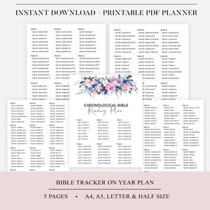 May include: A printable PDF planner for a chronological Bible reading plan. The planner is divided into weeks and days, with each day listing a specific Bible passage to read. The planner is decorated with a floral design.