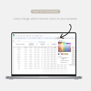 May include: A laptop displaying a spreadsheet titled "SPACE PLANNING." The screen shows a color palette for customization, with the text "EASY TO CUSTOMIZE" and instructions to change colors on the template.