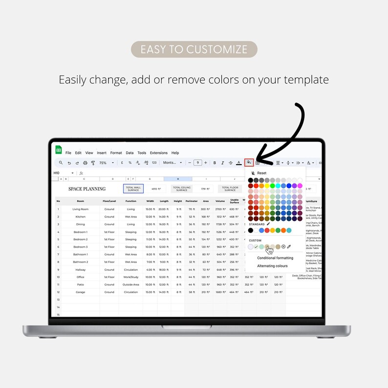 May include: A laptop displaying a spreadsheet titled "SPACE PLANNING." The screen shows a color palette for customization, with the text "EASY TO CUSTOMIZE" and instructions to change colors on the template.