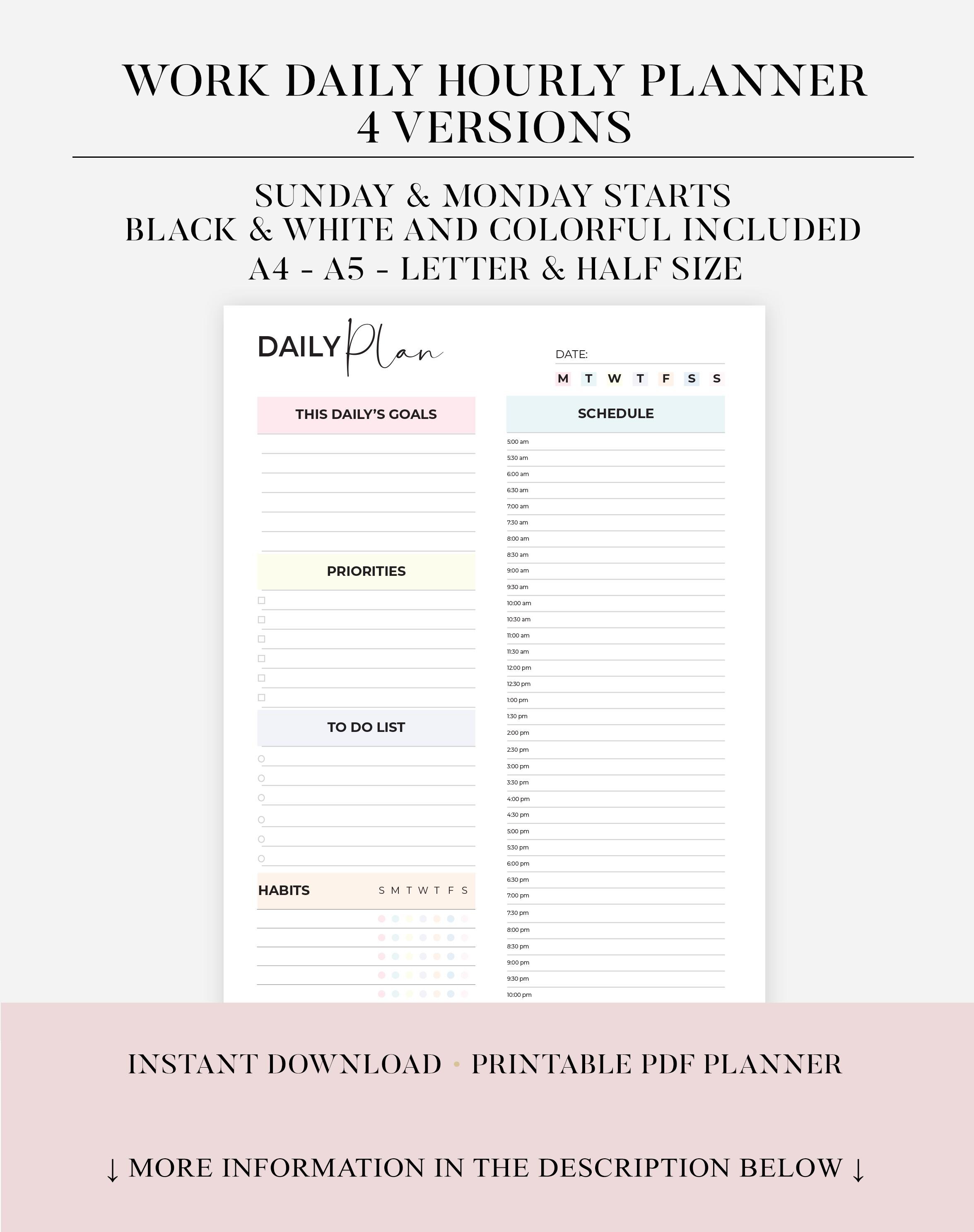 Printable Work Planner Printable Work Day Schedule Template Daily ...