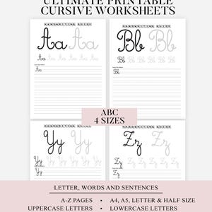 Può includere: Fogli di lavoro di scrittura corsiva stampabili con il testo "ULTIMATE PRINTABLE CURSIVE WORKSHEETS". I fogli di lavoro includono lettere maiuscole e minuscole, fogli di esercizi e pagine dalla A alla Z. I fogli di lavoro sono disponibili nei formati A4, A5, Letter & Half.