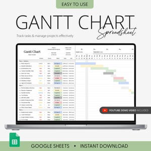 Könnte beinhalten: Ein Laptop-Bildschirm zeigt eine Gantt-Diagramm-Tabelle zur Projektverfolgung. Die Benutzeroberfläche enthält Spalten für Aufgaben, Prioritäten, Verantwortliche, Status und Daten sowie eine visuelle Zeitachse mit farbigen Balken. Text: "GANTT CHART Spreadsheet" und "YOUTUBE DEMO VIDEO INCLUDED".