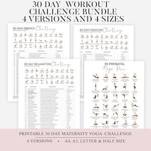 Può includere: Un pianificatore PDF stampabile con un pacchetto di sfide di allenamento di 30 giorni. L'immagine mostra quattro versioni e quattro dimensioni. Il testo include "30-Day Energy Challenge", "30-Day Posture Challenge", "30-Day Relaxation Challenge" e "30 Prenatal Yoga Poses."