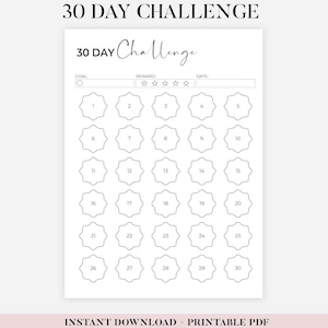 Puede incluir: Un rastreador imprimible de desafíos de 30 días con un diseño minimalista. La página blanca presenta un encabezado con el texto "30 DAY CHALLENGE" y una sección para objetivos, recompensas y fechas. Incluye 30 formas de estrella numeradas para el seguimiento.