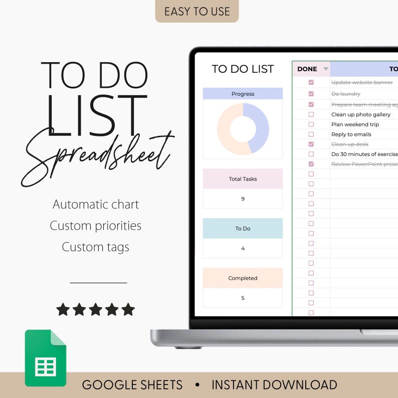 K&ouml;nnte beinhalten: Eine digitale Aufgabenlisten-Tabelle auf einem Laptop-Bildschirm mit einem Fortschritts-Donut-Diagramm, Aufgabenanzahl und einer Checkliste. Der Text umfasst "TO DO LIST Spreadsheet", "EASY TO USE", "Automatic chart", "Custom priorities" und "Custom tags".