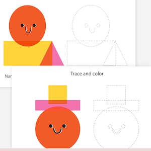 Op de afbeelding: Twee afdrukbare PDF-pagina's met kleurrijke geometrische vormen en de tekst "Trace and color". E&eacute;n pagina toont een lachende oranje cirkel met een gele rechthoek en roze driehoek. De andere pagina toont een lachende oranje cirkel met een roze rechthoek en een gele vierkant.