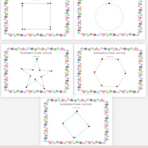 May include: Printable handwriting guide with shapes to trace, including a square, circle, star, hexagon, and diamond. Each shape is outlined with dotted lines and arrows, and surrounded by a floral border. The text "HANDWRITING GUIDE" is at the top.