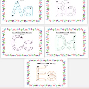 May include: A collection of printable handwriting guides featuring the letters A, B, C, D, and E. Each guide displays a letter in both uppercase and lowercase, with numbered dots indicating stroke order. The guides are framed with a floral border.