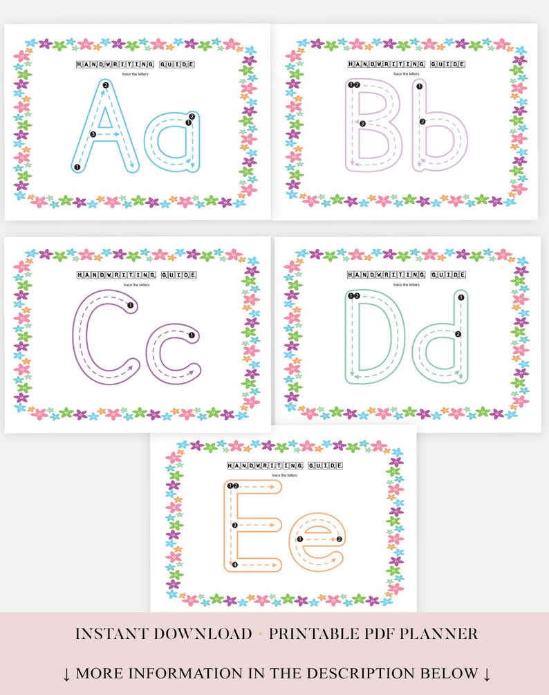 May include: A collection of printable handwriting guides featuring the letters A, B, C, D, and E. Each guide displays a letter in both uppercase and lowercase, with numbered dots indicating stroke order. The guides are framed with a floral border.