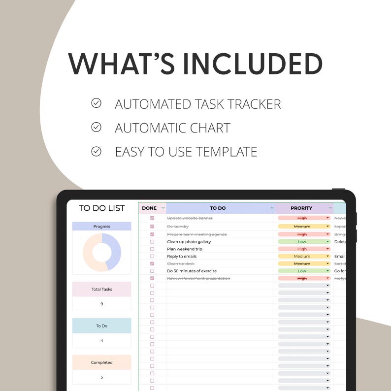 K&ouml;nnte beinhalten: Eine digitale Aufgabenlisten-Vorlage auf einem Tablet-Bildschirm. Der Text lautet WHAT'S INCLUDED, AUTOMATED TASK TRACKER, AUTOMATIC CHART und EASY TO USE TEMPLATE. Die Benutzeroberfl&auml;che zeigt ein Ringdiagramm, eine Aufgabenliste und Priorit&auml;ten.