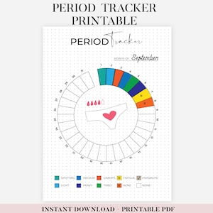 Può includere: Un tracker del ciclo mestruale stampabile con sfondo a pois. Il design include un calendario circolare per settembre, un diagramma di un paio di mutandine con un cuore e indicatori di sintomi codificati a colori. Il testo include "Period Tracker Printable."
