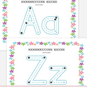 May include: Two handwriting guide pages with the letters "A" and "Z" in light blue, designed for tracing. Each page has a floral border in various colors. The text "HANDWRITING GUIDE" and "trace the letters" are at the top. The bottom text reads "INSTANT DOWNLOAD - PRINTABLE PDF PLANNER".