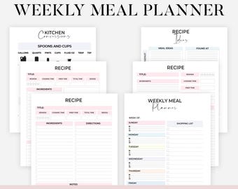 Meal Planner Printable, Weekly Food Diary, Meal Tracker, Food Journal, Menu Plan & Prep, Recipe Book Template Printable, Blank Recipe Page