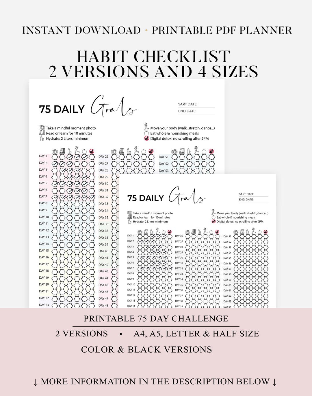 75 Day Challenge Printable PDF, 75 Daily Goals, 75 Day Tracker, 75 Day ...