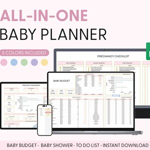 Peut inclure: Un modèle de planificateur de bébé tout-en-un affiché sur un écran d'ordinateur, un ordinateur portable et un smartphone. Les écrans présentent une liste de contrôle de grossesse, un budget bébé et un tableau de bord avec des graphiques.