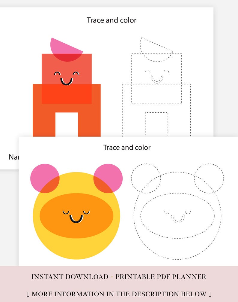 Op de afbeelding: Twee afdrukbare werkbladen met de tekst "Trace and color". E&eacute;n werkblad toont een lachende oranje en rode blokfiguur. Het andere werkblad toont een lachende gele cirkel met roze cirkels.