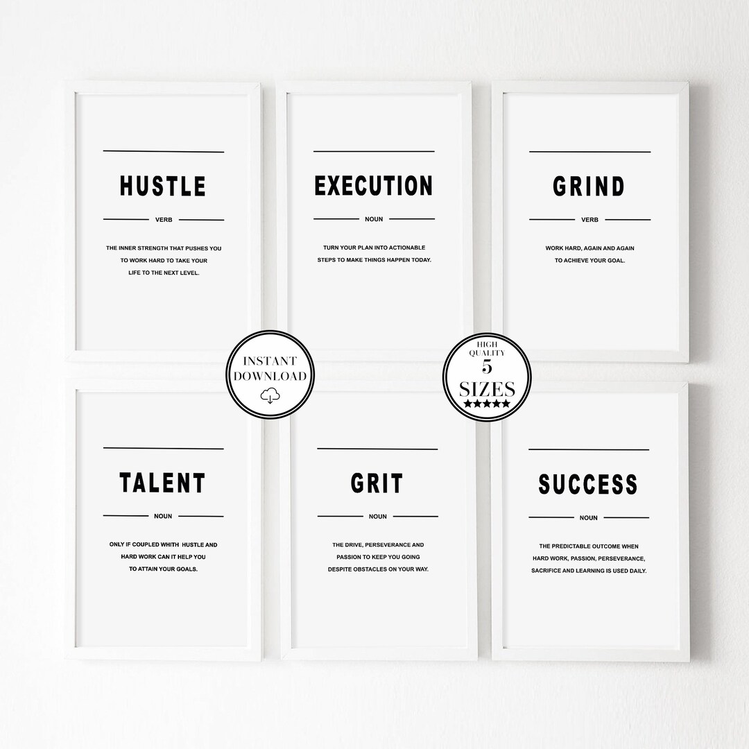 Hustle Grind Definition Poster, Minimalist Office Decor, 6 Piece Modern