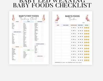 Tabla de introducción de alimentos sólidos para bebés (A4/A5) - Alimentación complementaria autorregulada sin lácteos (CMPA), vegetariana, vegana y halal, lista de verificación de los primeros alimentos del bebé, registro de alérgenos en PDF.