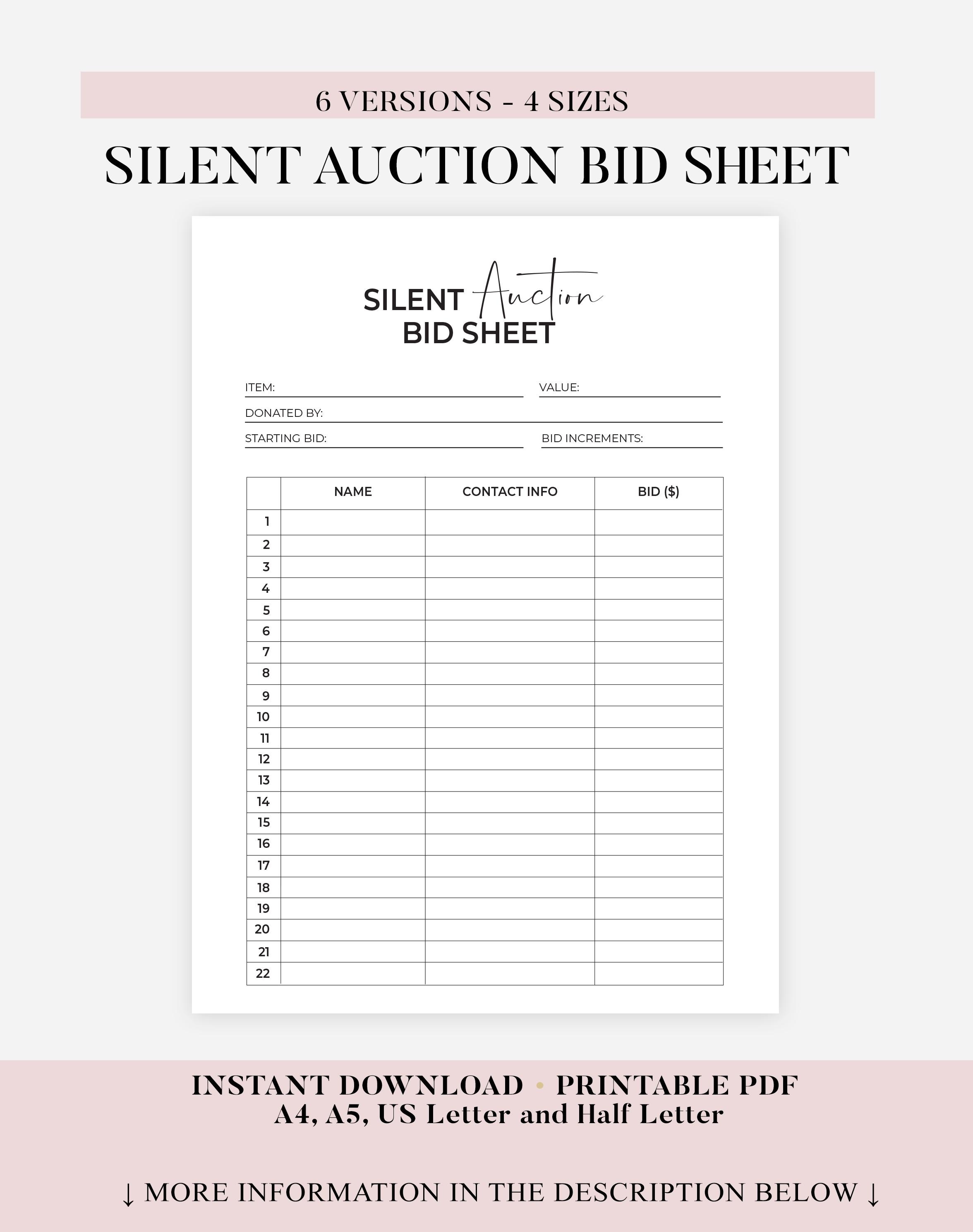 Printable Silent Auction Bid Sheet, Silent Auction Sign up Sheet ...