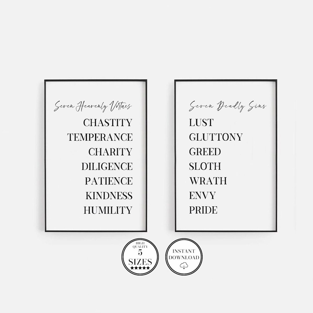 Seven Heavenly Virtues, Seven Deadly Sins, Bible Verse Printable Art, Set of 2 Prints, Inspiring