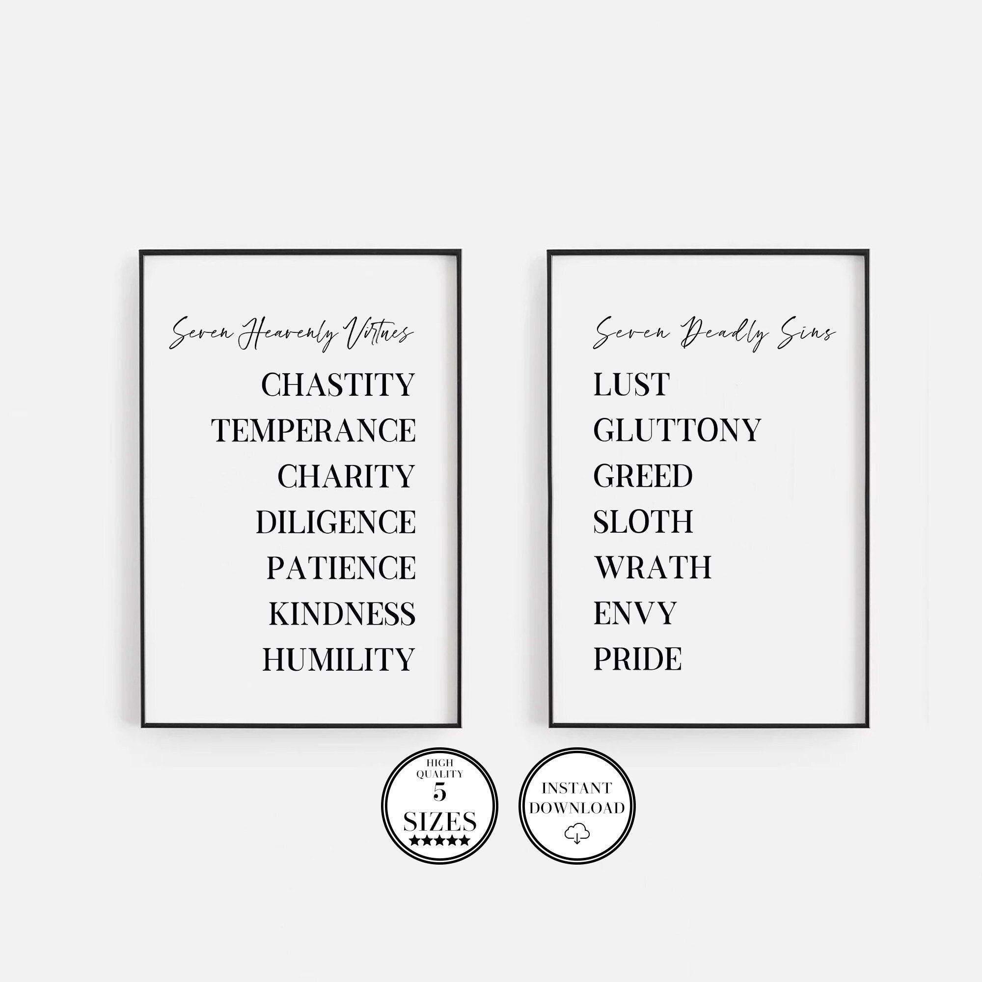 Seven Heavenly Virtues, Seven Deadly Sins, Bible Verse Printable Art