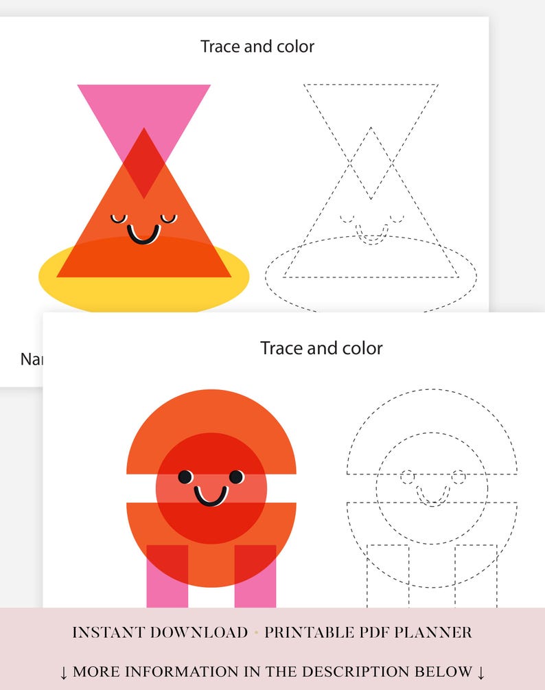 Op de afbeelding: Twee afdrukbare PDF-plannerpagina's met kleurrijke geometrische vormen om te traceren en in te kleuren. De tekst "Trace and color" staat bovenaan elke pagina. De onderkant van de pagina luidt "INSTANT DOWNLOAD - PRINTABLE PDF PLANNER".