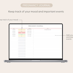 Pu&ograve; includere: Uno schermo di computer portatile che mostra un modello di diario di gravidanza. Il modello include colonne per la data, l'umore, il trimestre e le note. Il testo "Keep track of your mood and important events" &egrave; visualizzato nella parte superiore dello schermo.
