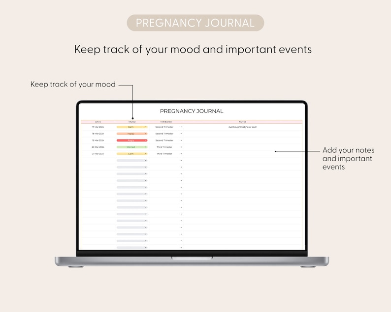 Pu&ograve; includere: Uno schermo di computer portatile che mostra un modello di diario di gravidanza. Il modello include colonne per la data, l'umore, il trimestre e le note. Il testo "Keep track of your mood and important events" &egrave; visualizzato nella parte superiore dello schermo.