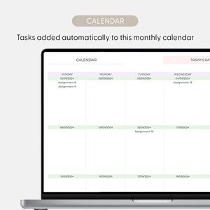 May include: A laptop screen displaying a digital monthly calendar with the text CALENDAR and Tasks added automatically to this monthly calendar. The grid shows dates from 01/09/2024 to 19/09/2024 with listed assignments like Assignment 8 and 9.