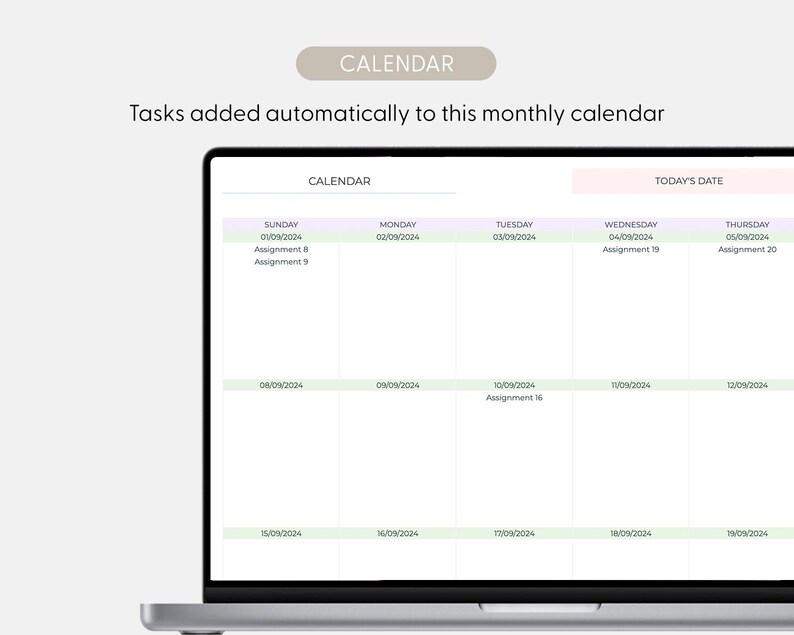 May include: A laptop screen displaying a digital monthly calendar with the text CALENDAR and Tasks added automatically to this monthly calendar. The grid shows dates from 01/09/2024 to 19/09/2024 with listed assignments like Assignment 8 and 9.