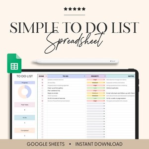 May include: A digital to-do list spreadsheet displayed on a tablet screen with a white stylus above it. The interface features columns for tasks, priority levels, and notes, alongside a progress donut chart and task summary boxes. Text reads SIMPLE TO DO LIST Spreadsheet.