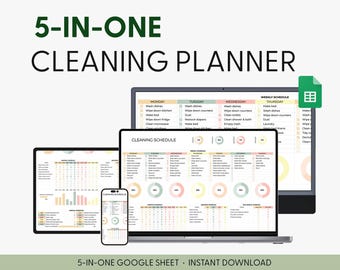 Kalkylbladsmall för veckostädning, checklista för Google Sheets, städschema, veckovis årlig städplanerare, lista över hushållssysslor, schema