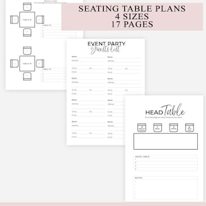 Peut inclure: Un ensemble de documents imprimables pour la planification d'événements comprenant des plans de table, une liste d'invités et une disposition pour la table d'honneur. Les pages présentent du texte noir sur fond blanc avec des titres comme Rectangular Table, Event Party Guests List et Head Table, ainsi que des espaces pour les noms, les coordonnées et le placement des invités.
