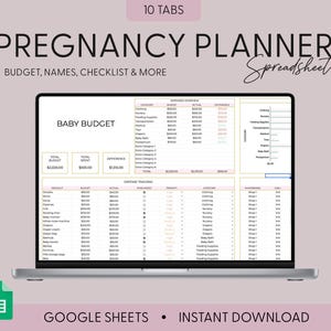 Op de afbeelding: Een laptopcomputer die een Google Sheets-spreadsheet weergeeft met de titel "Pregnancy Planner Spreadsheet". De spreadsheet heeft 10 tabbladen, waaronder een tabblad "Baby Budget" met kolommen voor product, budget, daadwerkelijk en verschil. De spreadsheet is ontworpen om mensen te helpen hun uitgaven bij te houden en een budget voor een baby te maken.