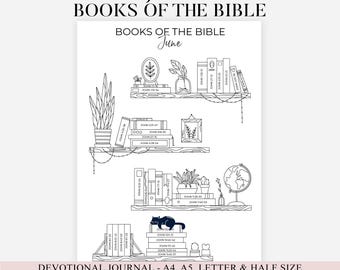Libro para colorear imprimible de la estantería bíblica de junio / Rastreador de lectura bíblica / Rastreador de libros bíblicos en PDF / Diario de estudio bíblico / Lista de verificación para la estantería bíblica