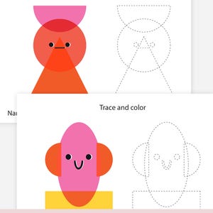 Op de afbeelding: Twee afdrukbare werkbladen met kleurrijke geometrische vormen en de tekst "Traceer en kleur". E&eacute;n werkblad toont een roze, oranje en rode vorm, de andere een roze en oranje vorm. De onderkant van de afbeelding bevat de tekst "DIRECT DOWNLOADEN - PRINTBARE PDF PLANNER".