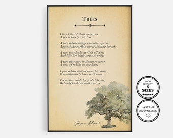 Trees Poem Wall Art Print Joyce Kilmer poetry I think that I shall never see a poem lovely as a tree Gift for mom Nature decor Printable Art