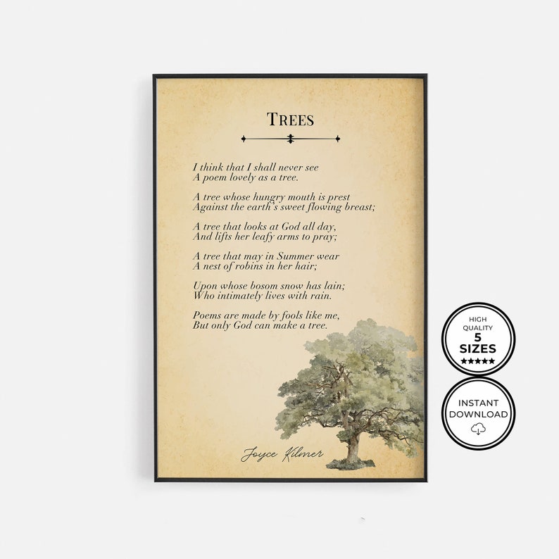 Trees Poem Wall Art Print Joyce Kilmer Poetry I Think That I Shall