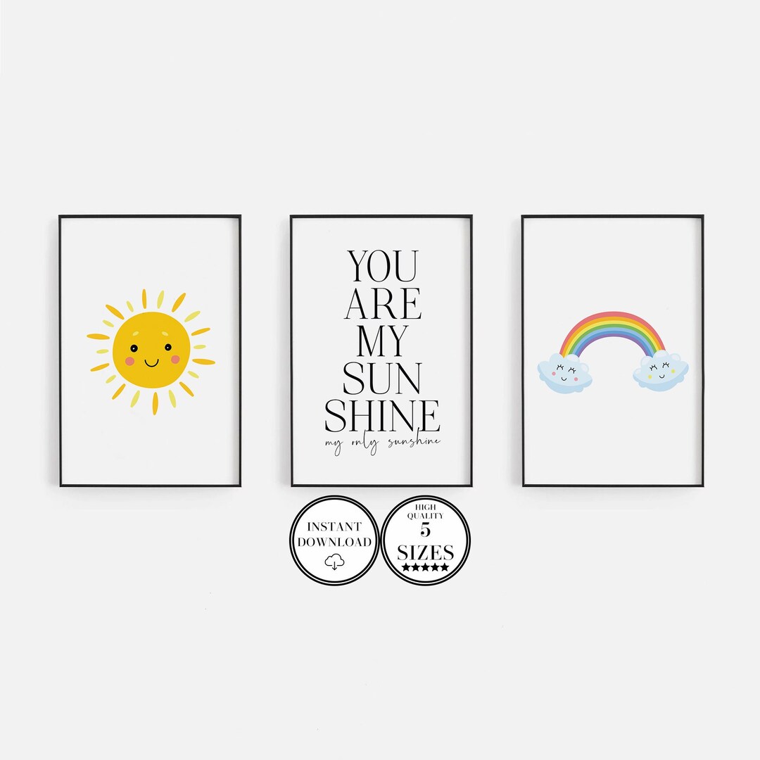 You Are My Sunshine Set of 3 Prints, Kids Room Decor, Neutral Rainbow
