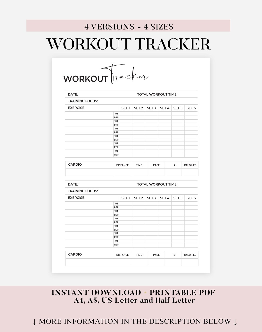 Workout Tracker Printable, Daily Exercise Log, Fitness Journal, Workout ...