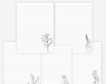 Printable Black White Lined Floral Paper, Floral Line Art Stationary Paper, Journal Paper, Notebook Paper, Letter Writing Paper, 10 Pages