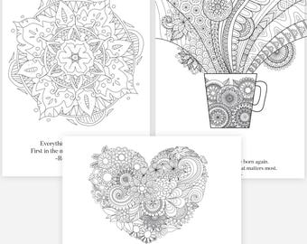 May include: A collection of 50 mandala coloring pages. The pages feature intricate black and white designs, including floral patterns, geometric shapes, and inspirational quotes. The words "INSTANT DOWNLOAD PRINTABLE PDF" are also visible.