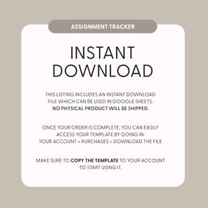 Op de afbeelding: Een witte digitale downloadaankondiging met de tekst "INSTANT DOWNLOAD" in grote, vetgedrukte, zwarte letters. De tekst legt uit dat deze vermelding een direct downloadbestand bevat dat kan worden gebruikt in Google Sheets. Er wordt ook vermeld dat er geen fysiek product wordt verzonden. De tekst legt ook uit hoe je na aankoop toegang krijgt tot het downloadbestand.