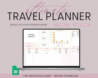 Editable Planner, Ultimate Travel Planner, Google Sheets Spreadsheet, Travel Budget, Expense Tracker, Travel Itinerary Trip Travel Organizer