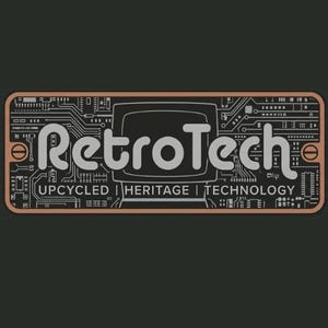 May include: A rectangular plaque with a copper-colored border and a black background featuring a white circuit board pattern. The text RetroTech is centered above the words UPCYCLED | HERITAGE | TECHNOLOGY, with a stylized television icon.