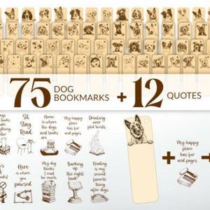 Puede incluir: Un conjunto de 75 marcapáginas de perros y 12 citas. Los marcapáginas, hechos de un material claro, muestran diferentes razas de perros. La imagen también incluye ilustraciones de libros y citas relacionadas con la lectura.